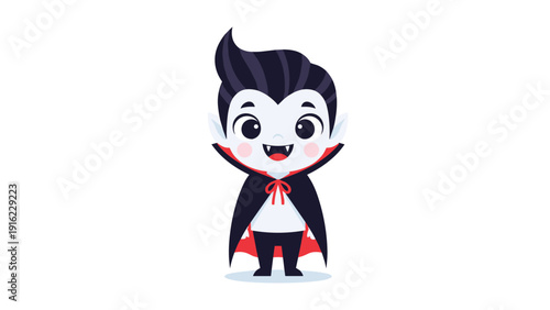 Adorable and friendly cartoon vampire boy with a black cape and fangs, smiling cheerfully for a cute Halloween character design.