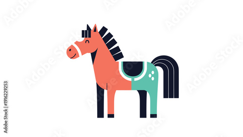 Colorful and modern geometric illustration of a toy horse in a simple, flat design style, perfect for children's decor or logos.