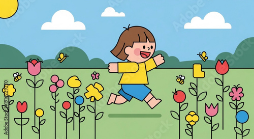 Happy cartoon child running through colorful flower field on sunny day with butterflies and green trees