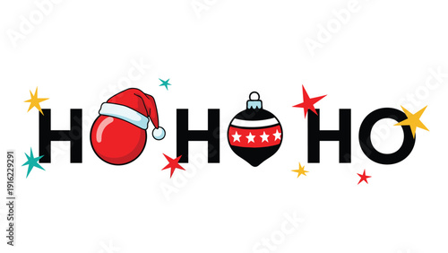 Festive 'Ho Ho Ho' Christmas typography with a Santa hat and ornament decoration, perfect for holiday greeting cards and designs.