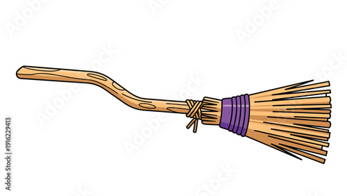 Simple cartoon illustration of a witch's broomstick with a crooked wooden handle and a purple band, ready for Halloween flight.