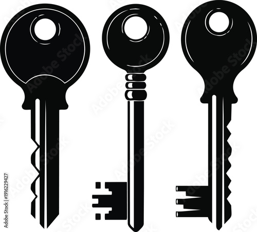 Black and white key silhouette sketch showing three unique lock and security designs