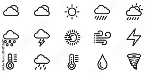 Weather forecast linear icons set featuring sun clouds rain storm wind temperature and tornado symbols pack