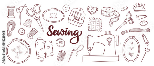 Sewing and embroidery monochrome doodles collection with tailor tools, buttons, sewing machine, needles for stickers, prints, icons, banners, cards decor, coloring pages, signs, etc. EPS 10