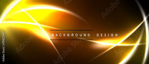Bright abstract lines create dynamic energy. Warm yellow, orange hues dominate dark background. Modern design element.