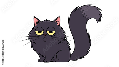 Funny cartoon illustration of a grumpy and fluffy black persian cat with a bored expression and a very large, bushy tail.