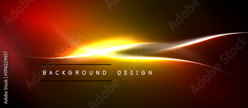 Abstract background features vibrant orange, yellow glow. Smooth curves create dynamic visual effect. Dark areas contrast bright center.