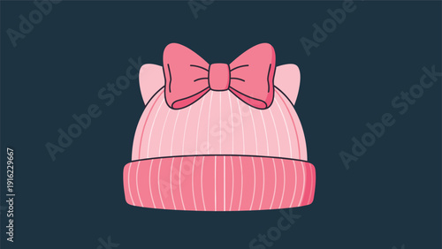 Cute pink knitted beanie hat with adorable cat ears and a large pink bow, shown against a simple dark navy blue background.