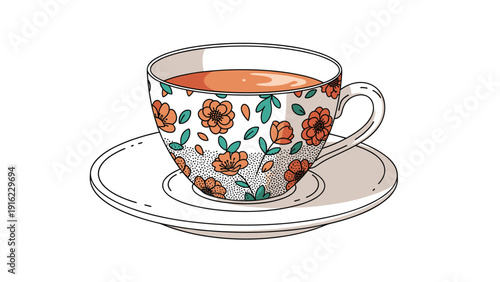 Beautifully detailed hand-drawn illustration of a vintage teacup and saucer decorated with a delicate orange floral pattern for teatime.