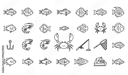 Linear fish outline vector icon set marine symbols