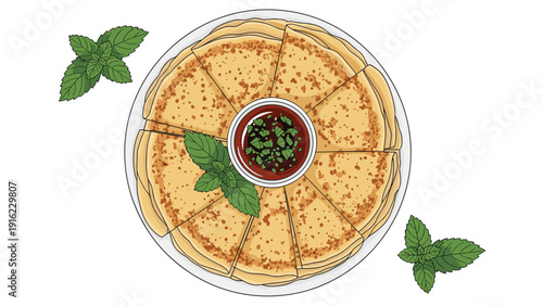 Top-down view of a plate of traditional thin pancakes or crepes, sliced into triangles with a dipping sauce and mint leaves.