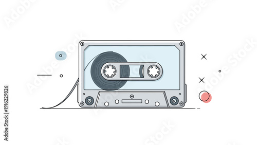 Retro illustration of a vintage audio cassette tape with loose tape, depicted in a modern, clean line art style with abstract shapes.