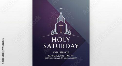 Holy saturday church vigil service poster with white church illustration on purple background