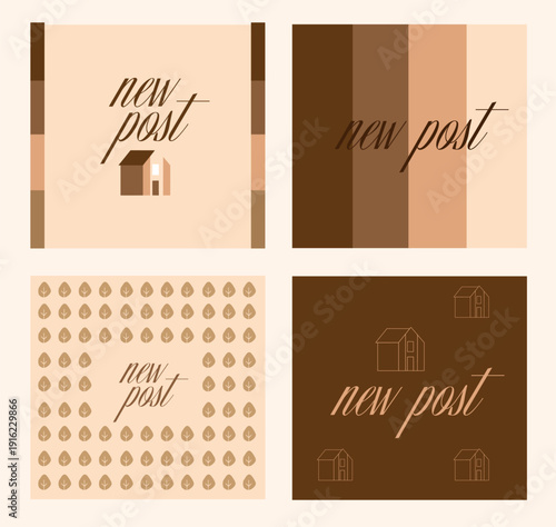 Set of minimalist house illustrations in earth tones, modern social media templates with home and tree motifs.