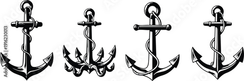 Black and white anchor silhouette sketch showing four nautical maritime vintage designs