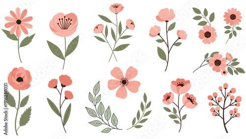 Beautiful set of delicate pink and coral flowers with green leaves, showcasing various floral designs on a white background.