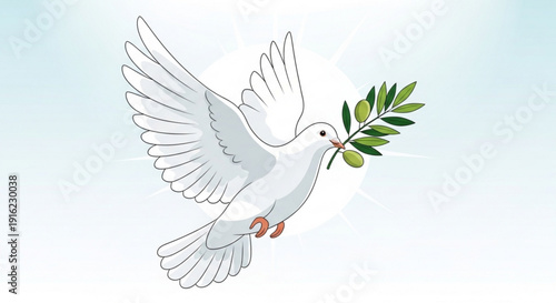 White dove flying with olive branch in beak symbolizing peace and harmony in a serene environment