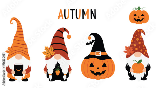 Charming collection of four cute autumn and halloween gnomes with pumpkins and fall leaves isolated on a white background.