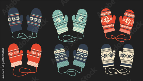 Collection of six colorful pairs of cozy knitted winter mittens with traditional nordic patterns, isolated on a dark background.