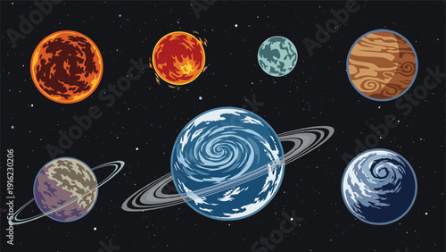 Collection of colorful pixel art planets and stars set against the vast darkness of outer space for a retro video game feel.