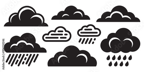 Set of black weather icons with various cloud formations and rain drops on white background