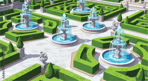 Vector illustration of an ornate formal garden with multiple tiered fountains, meticulously trimmed green hedges, and white stone pathways, viewed from an elevated perspective.