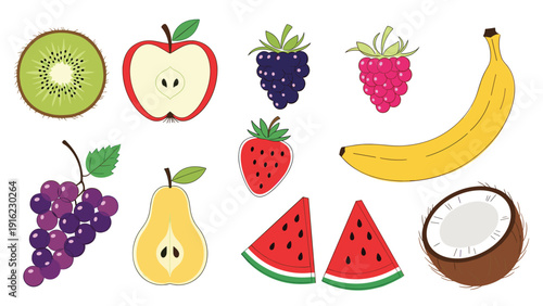 Colorful and fresh collection of various fruits with a cute stitched outline effect, including apple, banana, and watermelon slices.