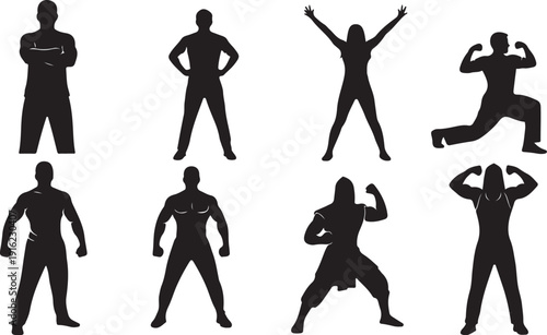 Silhouettes of people in various poses and movements together