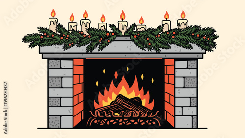 Cozy illustration of a christmas fireplace with a roaring fire, decorated with a festive garland and lit candles on the mantel.