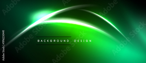 Abstract green background. Smooth curves, bright neon lines create dynamic visual effect. Dark edges frame vibrant center.