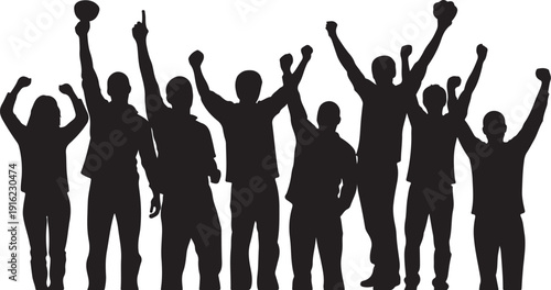 Group of people celebrating with raised arms in silhouette