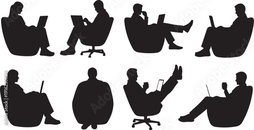 Silhouettes of people sitting in chairs with laptops relaxed