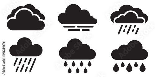 Group of black cloud icons depicting rain and overcast weather conditions