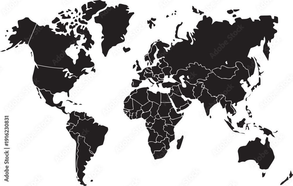Obraz premium World Map Outline Contour Silhouette Borders - Asia in Center