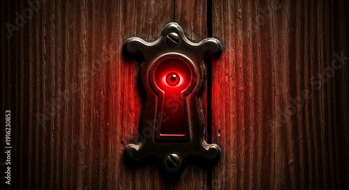 Wallpaper Mural Sinister Red Eye Looking Through a Vintage Keyhole in a Wooden Door Torontodigital.ca