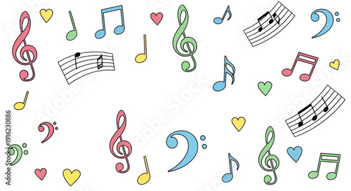 Delicate harmony: a whimsical arrangement of musical notes and hearts in soft pastel tones