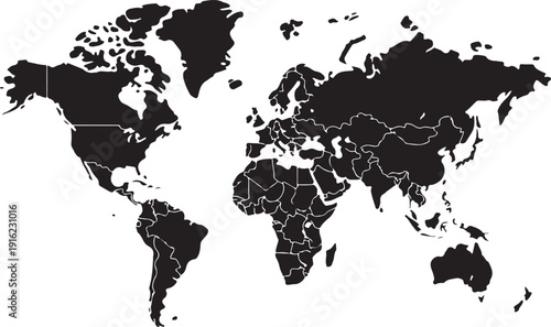 World Map Outline Contour Silhouette Borders - Asia in Center