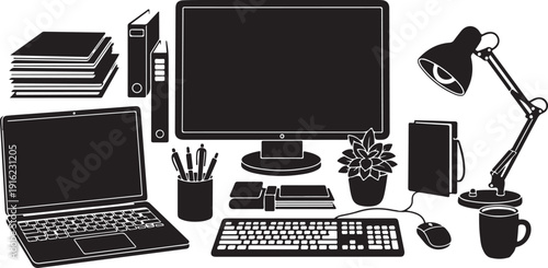 Office workspace with computer and accessories on white background