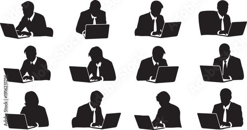 Silhouettes of businessmen working on laptops in various positions
