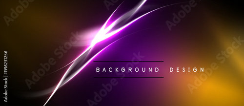 Abstract background features vibrant purple, orange gradients. Dynamic light streaks create modern design element. Simple text overlay present.