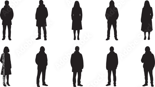 Silhouettes of people standing in various poses and outfits