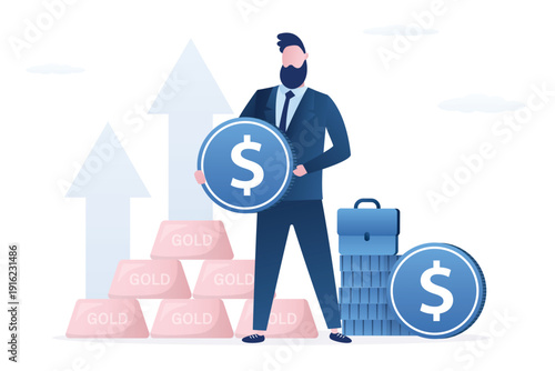 Confident businessman holding large dollar coin, near stacks of gold bars and upward-pointing arrows. precious metals trading. financial success, profitable gold investments