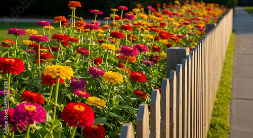 Wallpaper Mural Vibrant Zinnia Flowers Blooming Along a Wooden Picket Fence in a Summer Garden Path Torontodigital.ca