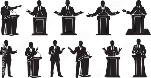 Silhouettes of Businessman Speaking at Podium in Various Poses