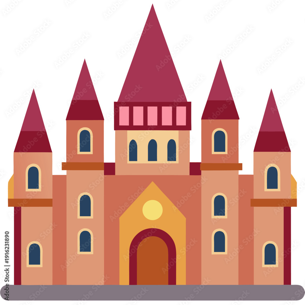 Fototapeta premium Majestic cartoon castle with red turrets and arched windows in a fairytale style illustration for fantasy and storybook themes