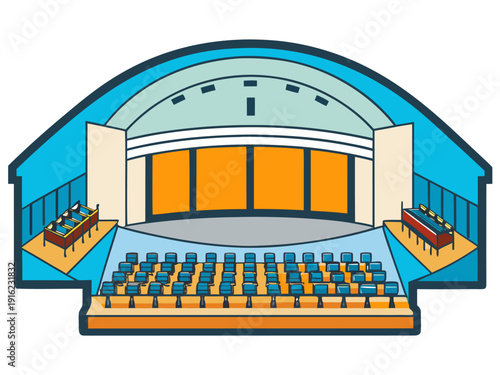 Illustrative cross-section of modern auditorium with seating, stage, and acoustic ceiling design in vibrant colors