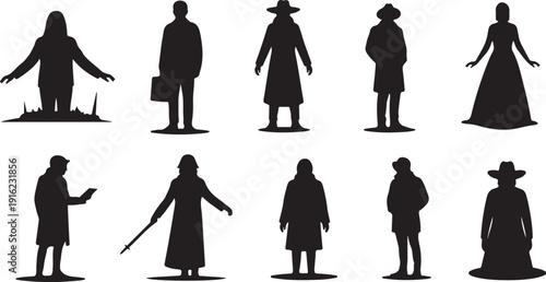 Collection of black silhouettes of people in various poses