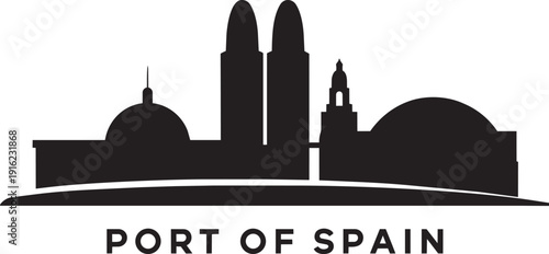 Port of Spain skyline illustration, black silhouette on transparent background, cityscape.