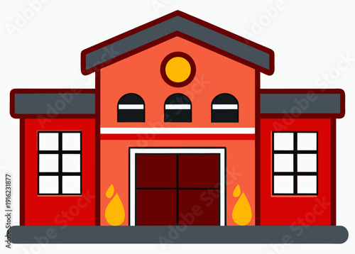 Fire station building icon with red brick design and large garage doors featuring windows and decorative elements