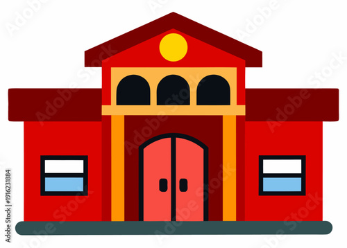 Bright red school building with arched roof, yellow circle emblem, double doors, and windows on each side
